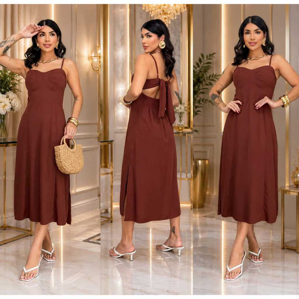 Vestido Feminino Midi Elegante com Fendas, Alcinhas e Bojo