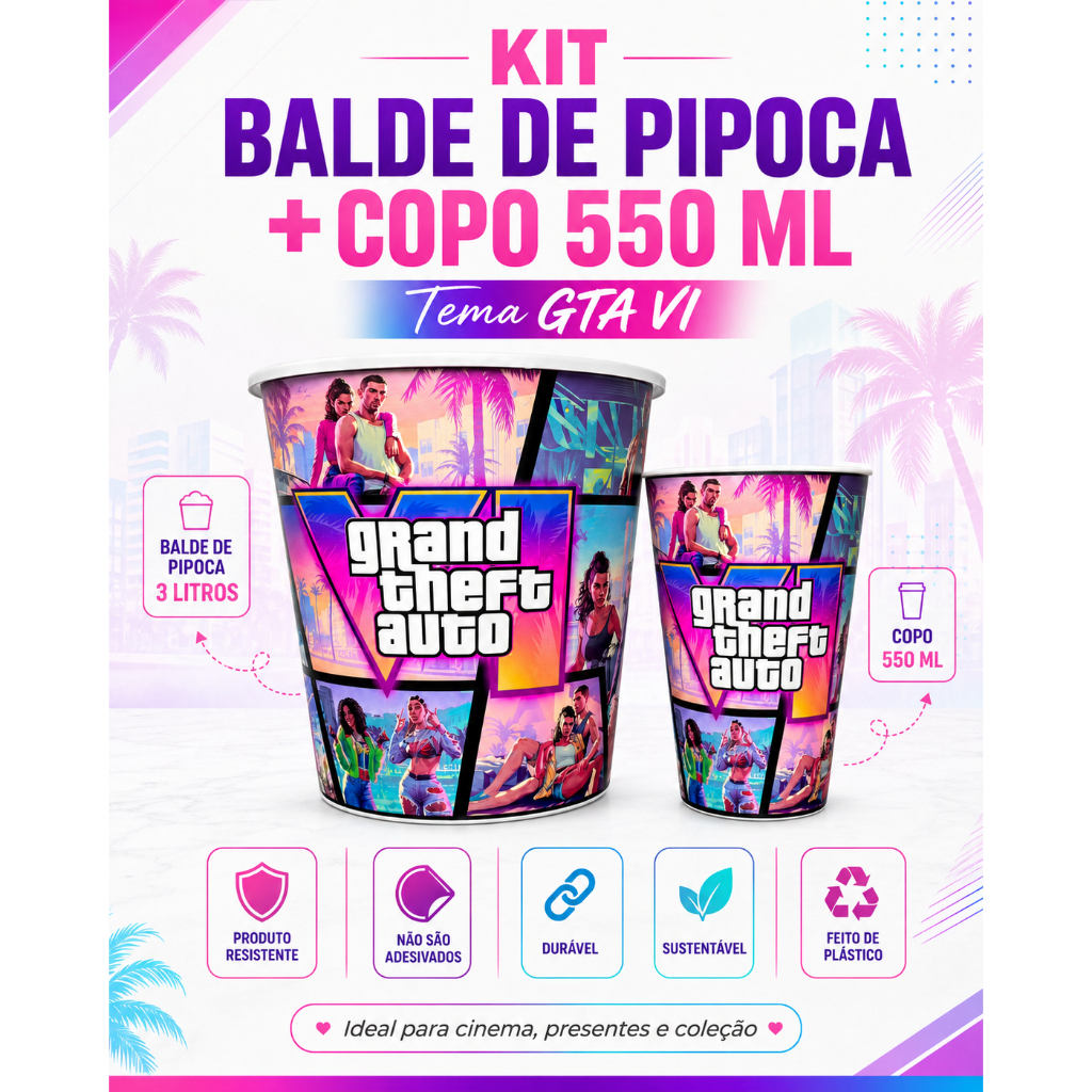 Kit Balde de Pipoca 3L e Copo 550ml GTA VI – Resistente e Durável – Envio Imediato — imagem 3