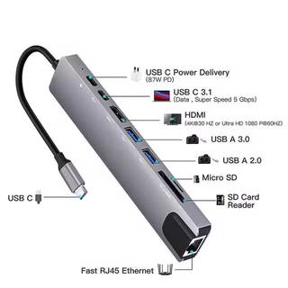Porta USB Hub 8 Em 1 Leitor SD Type C Áudio 3.5mm, HDMI 4K, RJ45 Rede, 2xUSB3.0 2xUSB2.0, PD Notebook MacBook