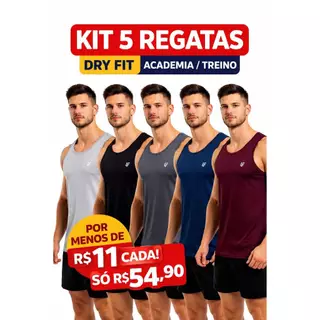 KIT 5 Regatas Masculina Dry Fit Academia Treino Fitness Sem Manga Confortavel