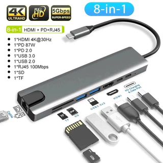 Hub USB-C 8 em 1 com HDMI 4K, RJ45, Leitor SD/TF, USB 3.0, Tipo-C PD – Adaptador para MacBook, Notebook, PC