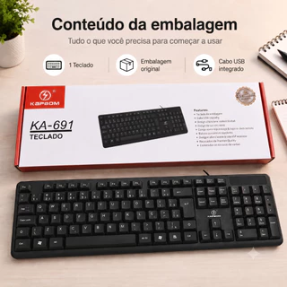 Teclado USB ABNT2 Kapbom - Com Fio, Silencioso - Plug & Play PC, Notebook, Escritório - Original Home Ofice