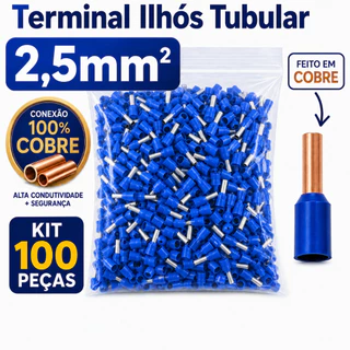 Terminal Elétrico Ilhós Tubular 2,5mm Cobre 100 Peças