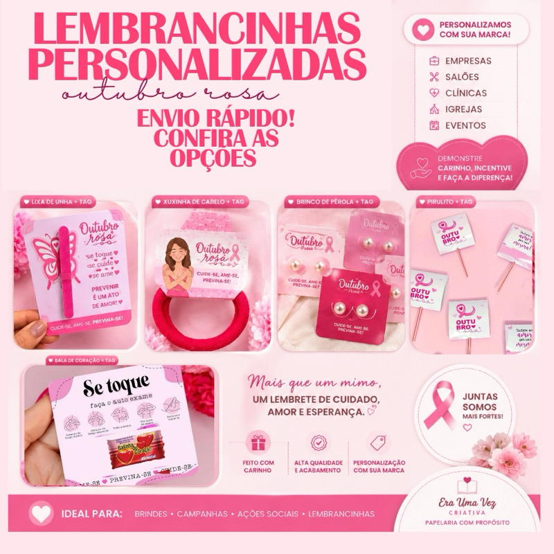 Lembrancinhas personalizadas Outubro Rosa brinco pérolas xuxinha lixa ...