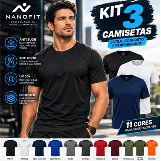 Kit 3 Camisetas Masculina Academia Dry Fit NanoFit com Proteção UV+ Anti Suor Secagem Rápida e Não Amassa