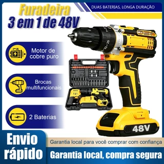 Furadeira Parafusadeira Elétrica Sem Fio 48V 42N.M 2 Velocidades com Luz LED Kit Com 2 Baterias, Maleta e Acessórios