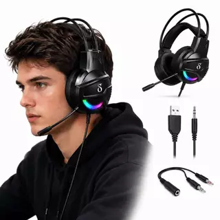 Fone Headset Gamer RGB Com Fio Microfone P2 3.5mm + USB Ajuste de Volume para PC Notebook Jogos