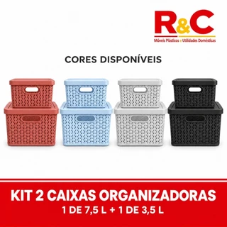 Kit 2 Caixas Organizadoras com Tampa 7,5L e 3,5L Cesto Plástico para Quarto Banheiro Lavanderia
