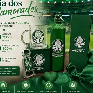 KIT PRESENTE PALMEIRAS OFICIAL GARRAFA ALUMINIO E CANECA VIDRO LICENCIADA AMIGO SECRETO NATAL