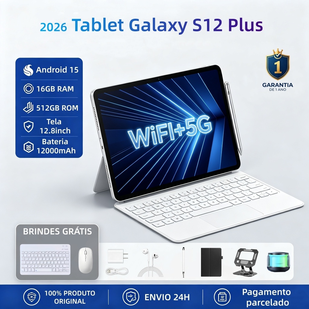 Garantia de um anoTablet Galaxy S12 Plus 12,8 polegadas HD 16 GB de RAM + 512 GB de ROM bateria de 12.000 mAh 5