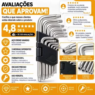 Jogo Chave Torx Tipo L 9 Peças T10 a T50 Cromo Vanádio Profissional Kit Chaves Estrela Mecânico Moto
