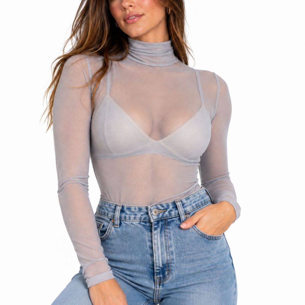 Body Tule Feminino Transparente Manga Longa Gola Alta Segunda Pele Cinza Claro Elegante
