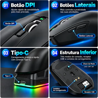 Mouse Sem Fio Bluetooth 2.4GHz Recarregável Ergonômico 3 Modos com Base RGB DPI Ajustável