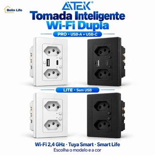 Tomada Inteligente Wi-Fi Dupla Aitek de Parede Bivolt Tuya Smart Life com Opções com e sem USB