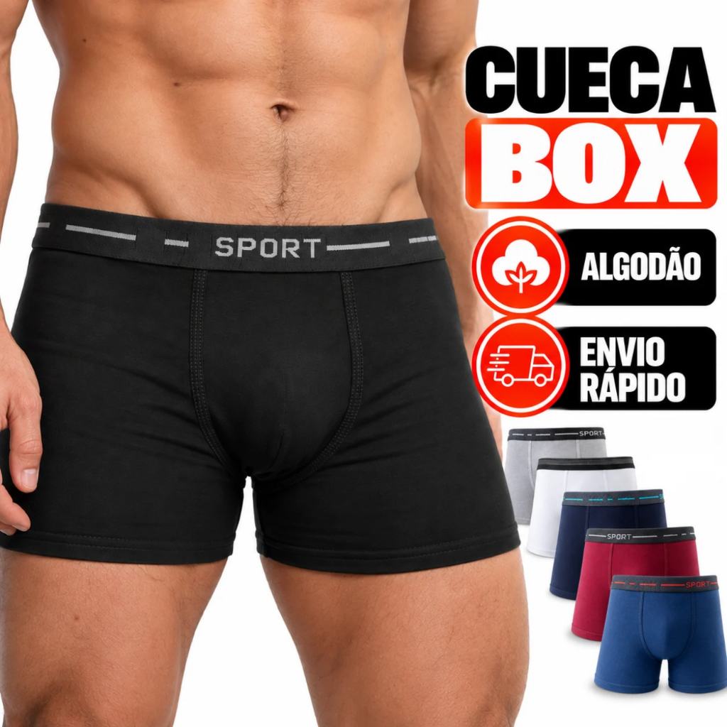 Kit de 5 Cuecas Box-Boxer em Algodão Masculina Muito Confortavel Pro Dia Dia com cós elastico