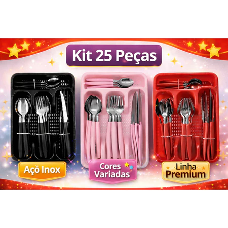 Kit Conjunto Talher Faqueiro com 25 Peças Aço Inox Cozinha Com Suporte Para Gaveta Preto Vermelho Rosa