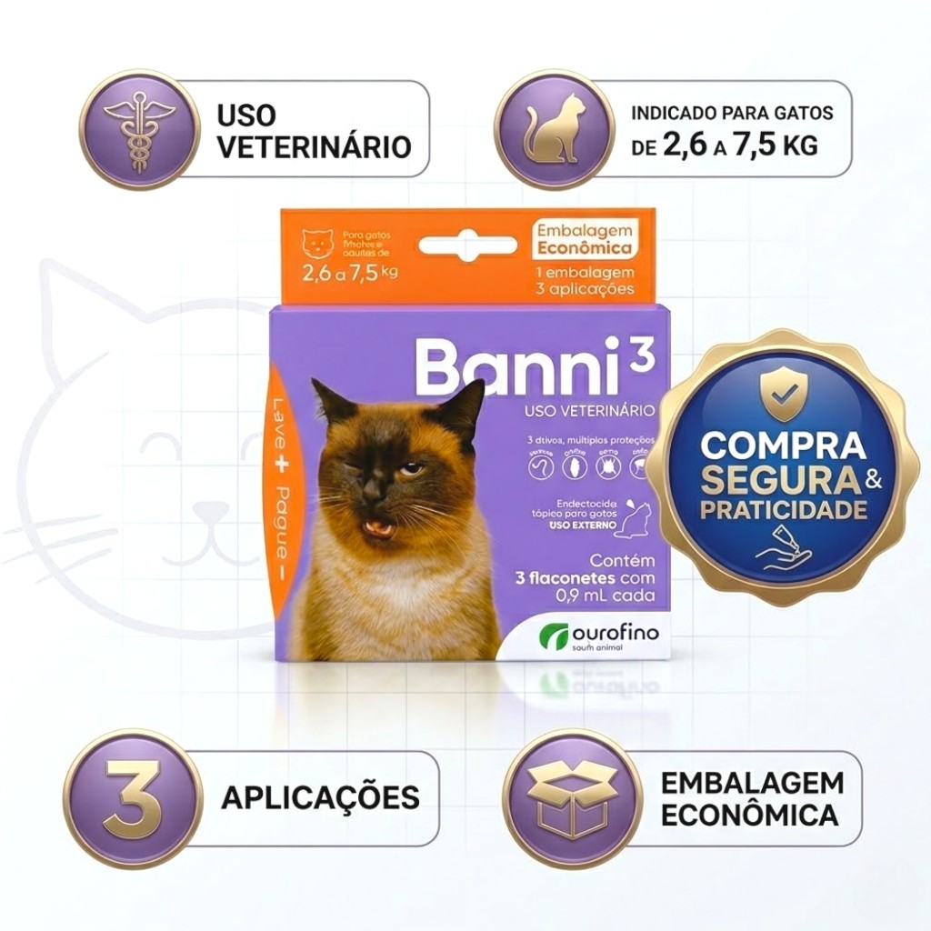 Remédio Para Pulgas Gatos 2,6 A 7,5kG Banni3 3 Doses | Shopee Brasil