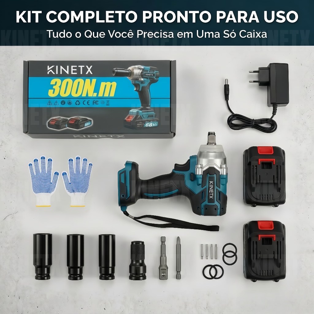 Chave de Impacto KINETX Sem Escova 68VF 300Nm 2 Baterias Com