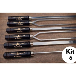 Kit 6 Espetos Churrasco Profissional Alumínio 6 Peças Cabo Madeira Resistente