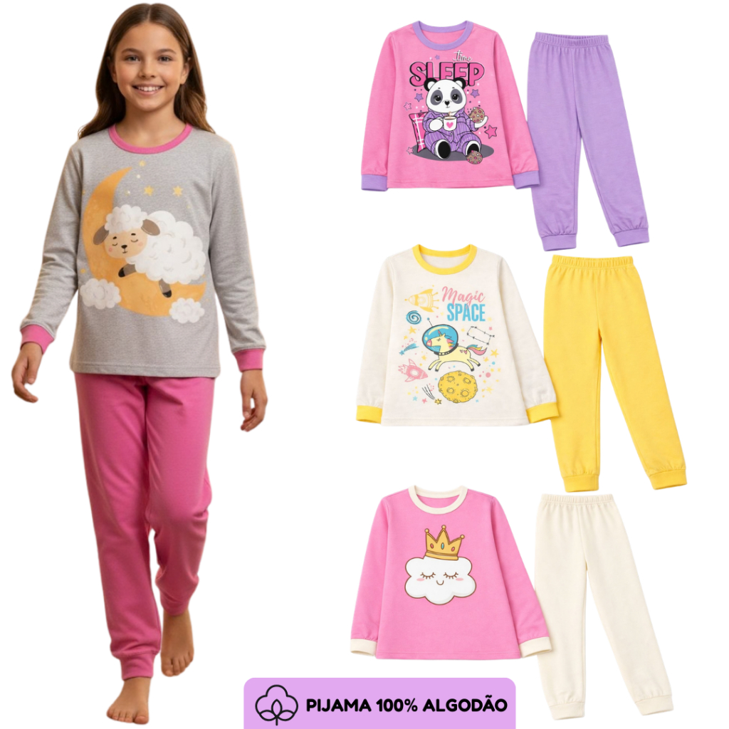 Kit Pijama Menina | Roupa Dormi 100% Algodão Inverno | Pijama Infantil 1 ao 14 anos em Oferta na Shopee