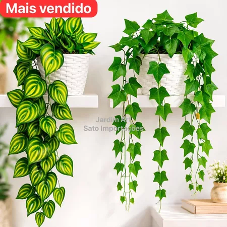1 Planta Artificial Hera Ivy Pendente Vaso Vime Trançado BRANCO Arranjo Decorativo Completo Suspenso PT11BRANCO