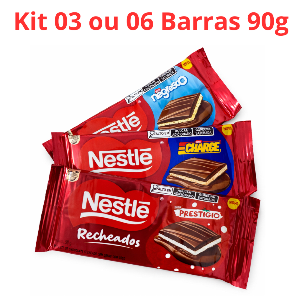KIT com 03 ou 06 Chocolates Nestle Recheados 90g Prestigio, Negresco e Charge