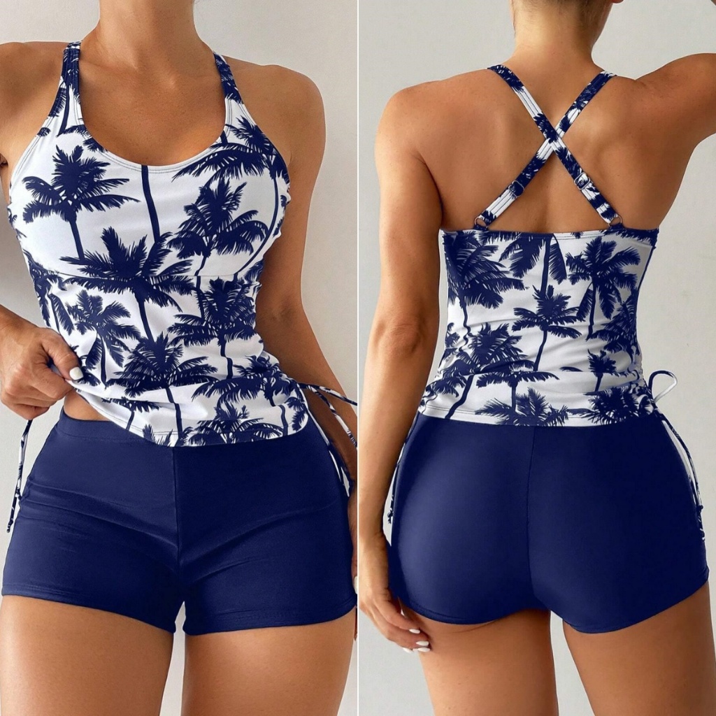 Conjunto de Maiô Feminino Top de Estampa Coqueiro Halter e Shorts Sólidos Para Tankini