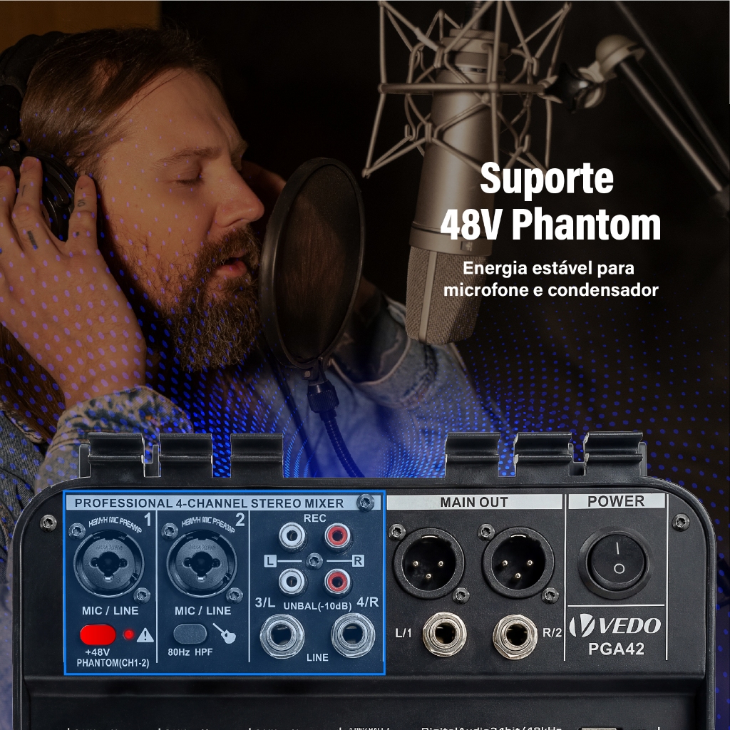 VEDO Mesa De Som Amplificada Profissional 4 Canais Console Mistura