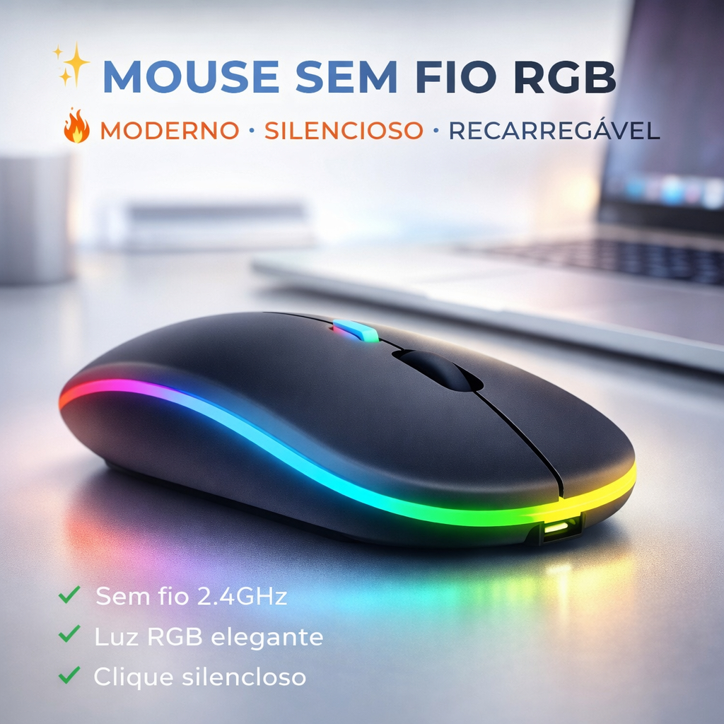 Mouse Sem Fio Wireless Recarregavel Led Rgb 2,4GHz Bluetooth Bateria ...
