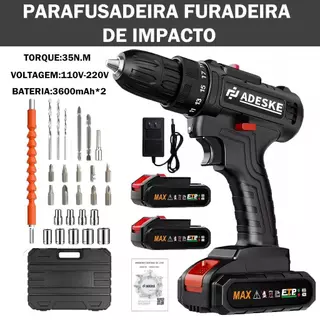 Parafusadeira Furadeira de Impacto Sem Fio Profissional com 2 Baterias e Maleta Bivolt 110v/220v
