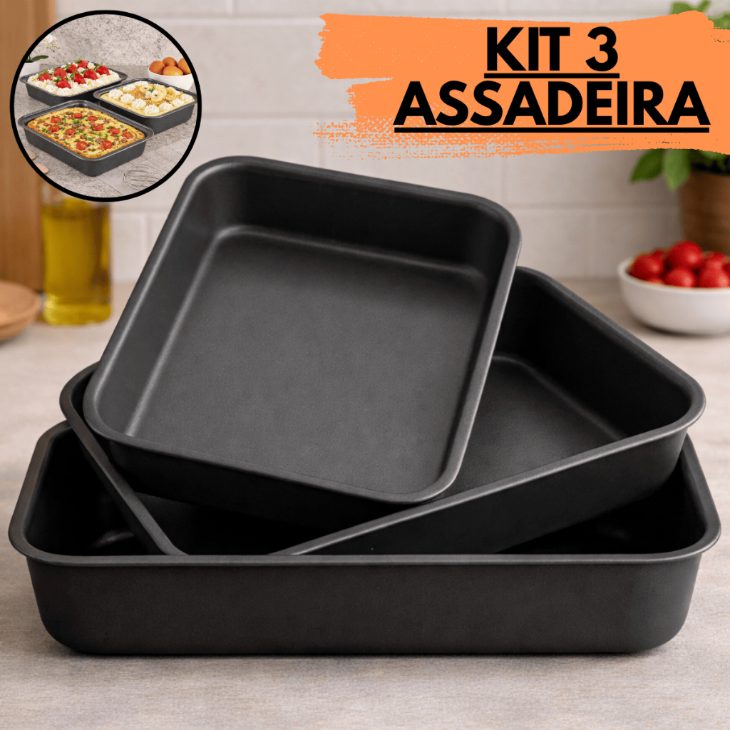 Kit 3 Forma Retangular Antiaderente Bolo Lasanheira De Teflon