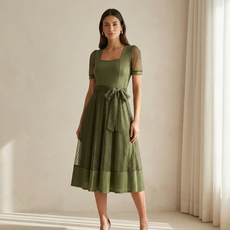 Vestido Mídi Godê Tule Feminino Moda Evangélica