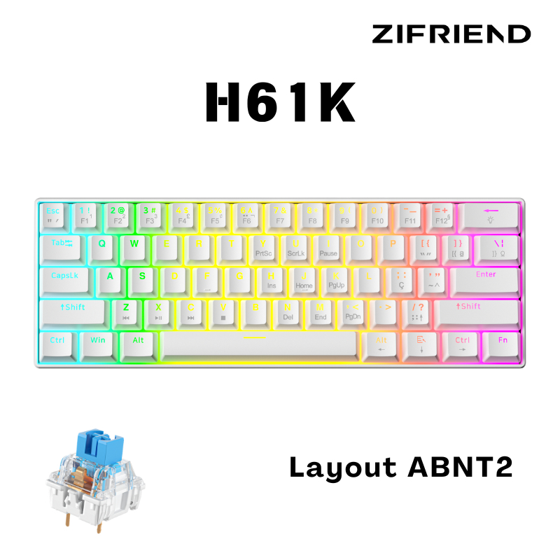 ZIFRIEND H61K Teclado mecânico 60% ABNT2 Switche Red/Blue Rainbow