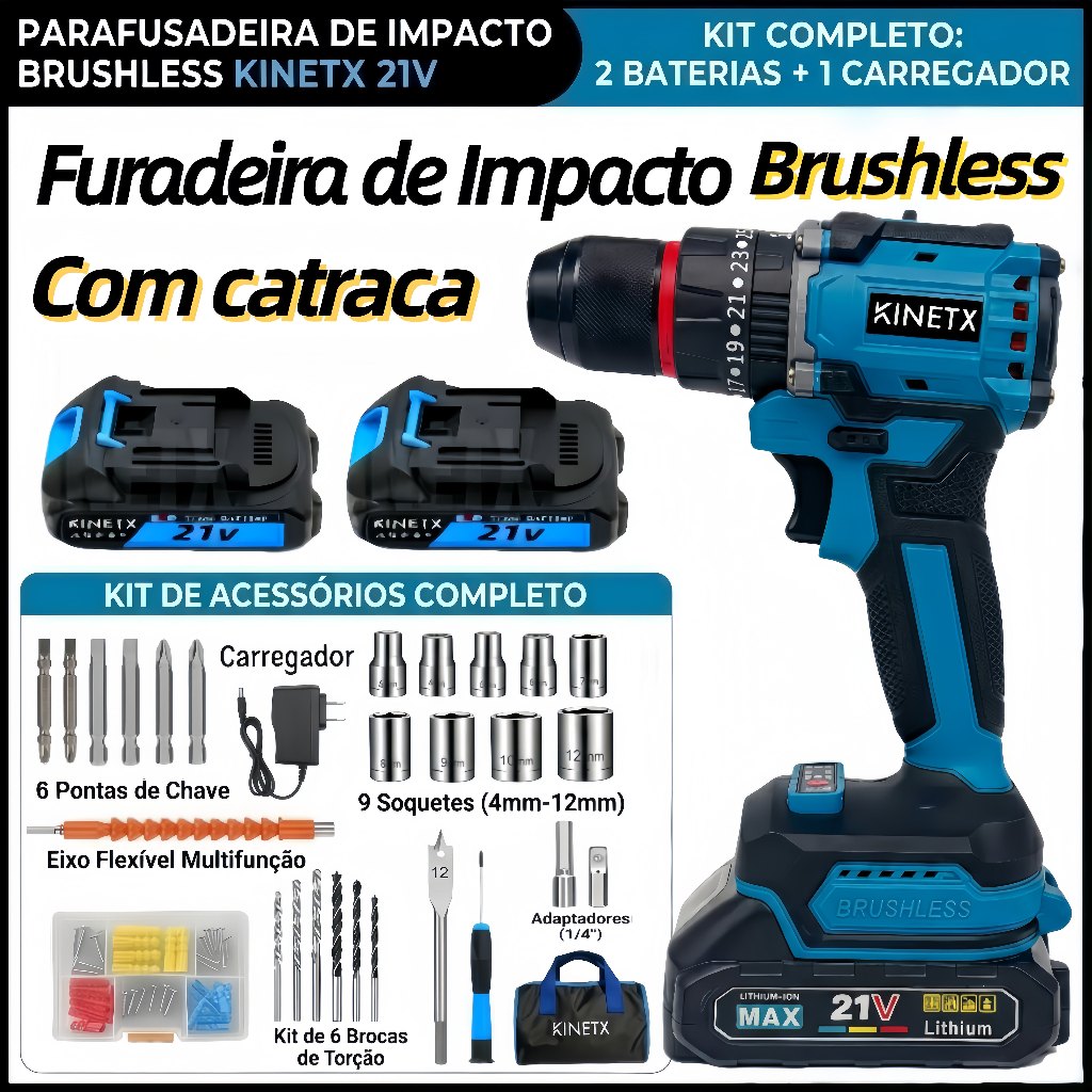 KINETX Furadeira Parafusadeira Impacto Brushless 2 Baterias 10mm