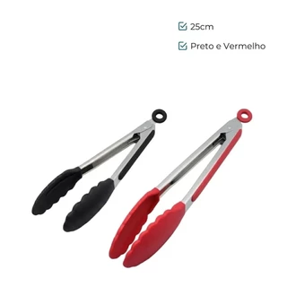 Pegador Resistente ao Calor até 230°C - Pegador Vermelho e Preto e Inox Para Carne Churrasco Salada Cozinha Pinça