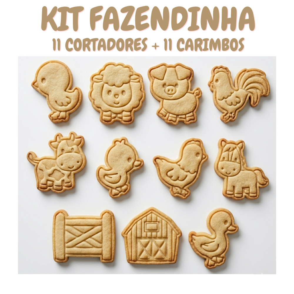 kit 11 cortador de biscoitos com carimbo marcador tema fazen