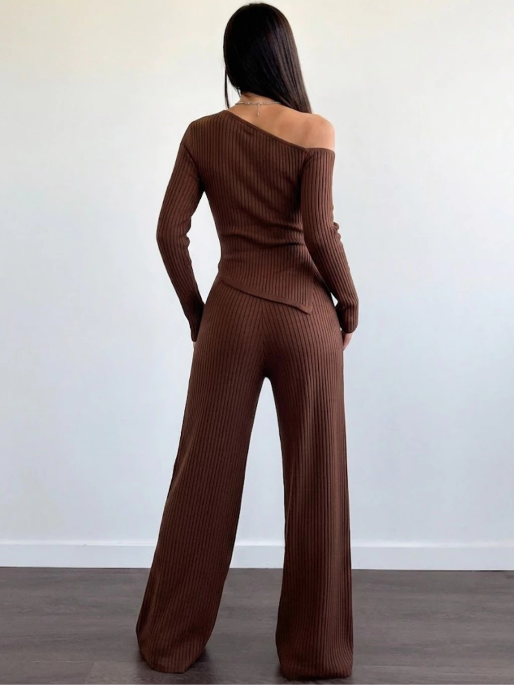 Conjunto Mila Feminino Blusa Assimétrica Manga Comprida + Calça Pantalona Malha Ribana Moda Inverno