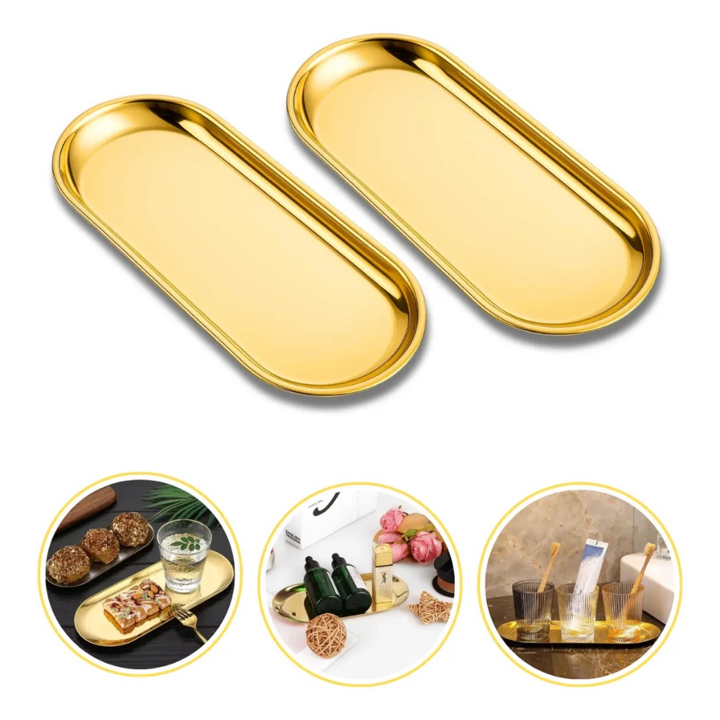 Bandeja Decorativa Dourada em Aço Inoxidável