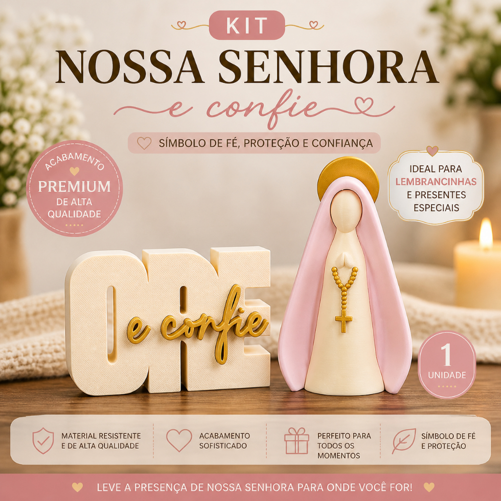 Kit Decorativo Cristão Nossa Senhora + Letreiro Ore e Confie | Presente Religioso Fé e Proteção
