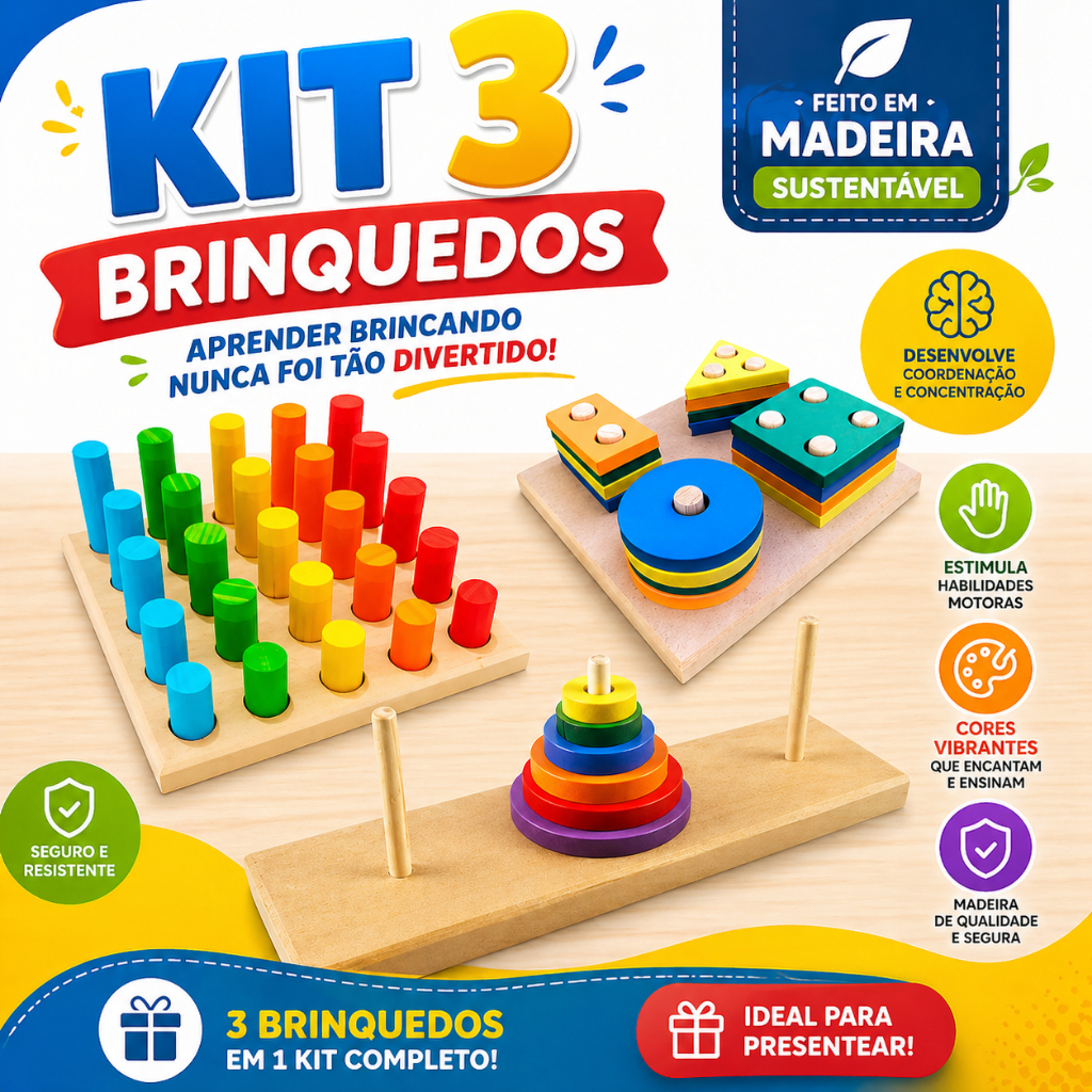Kit 3 Brinquedos Educativo Sensorial Autismo Torre + Pinos + Formas ...