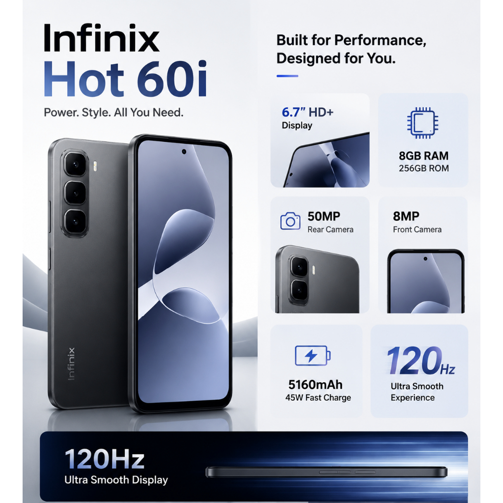 Infinix Hot 60i 256GB + 8GB RAM, Bateria 5160mAh, Carreg. 45W,Tela