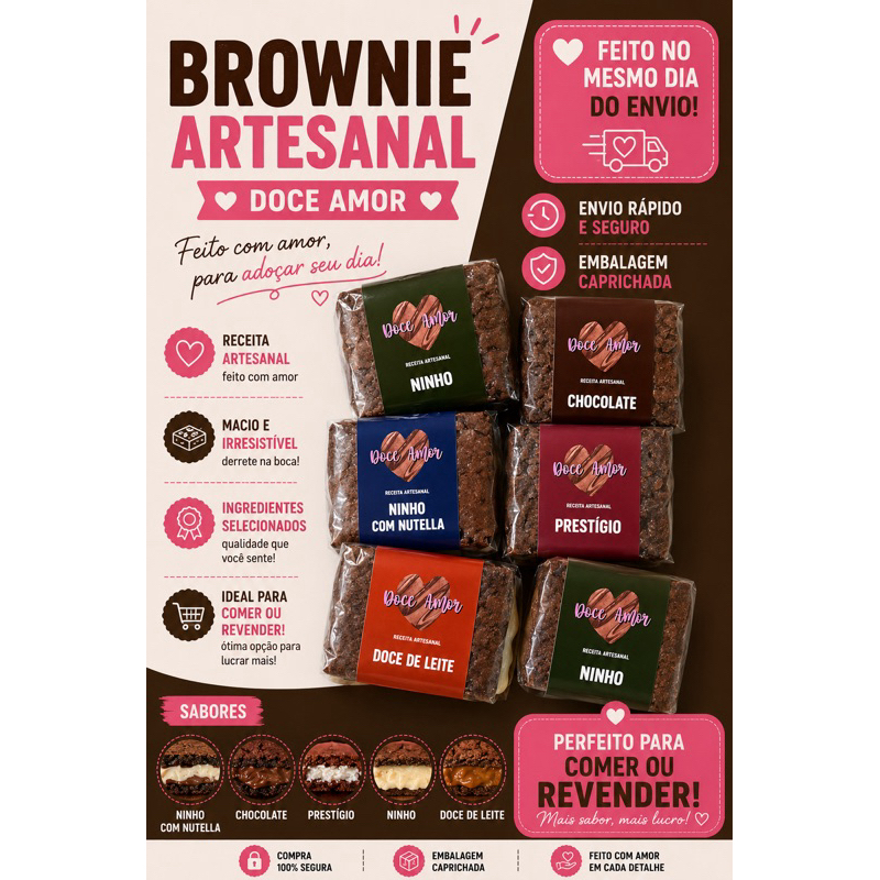 Brownie Recheado 100g |Tamanho 6x6 | Kit 10 unidades | Brown