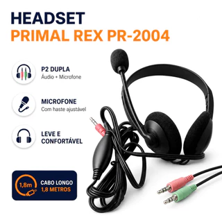 Fone Headset Microfone PC Desktop Gamer Telemarketing Primal Rex PR-2004 Cabo 1.8m Plug P2 Duplo