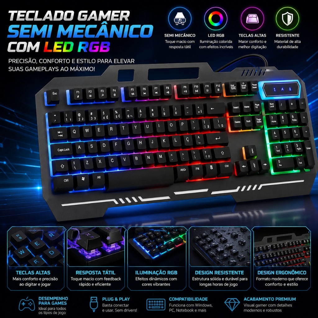 Teclado Gamer Semi Mecânico Com LED RGB USB Português/BR PC PS4 — imagem 4