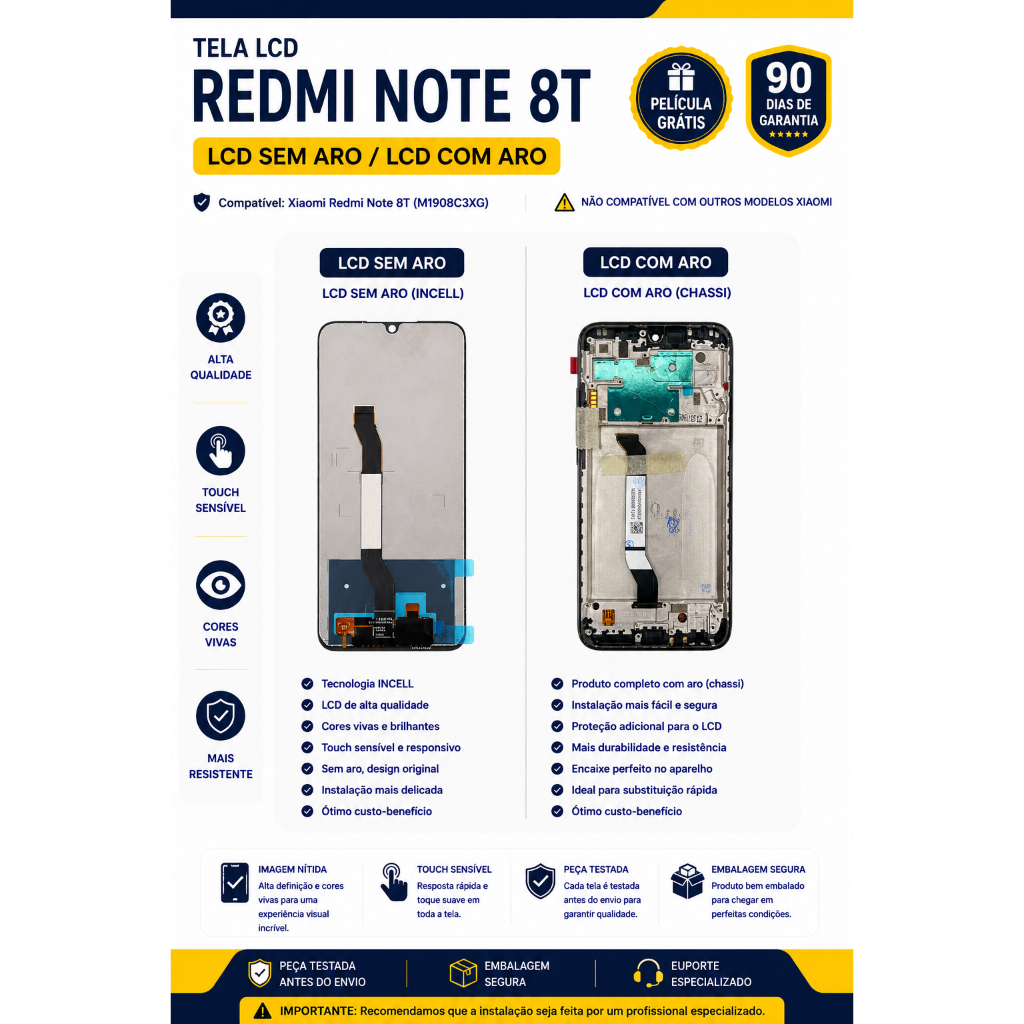 Redmi Note 8T M1908C3XG – Tela Frontal LCD + Touch Completa com