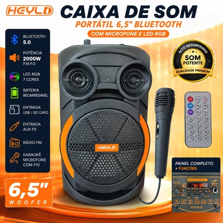 Caixa De Som Bluetooth com Microfone Fone de 6 5 Portátil Led Rgb Potente HY 1031