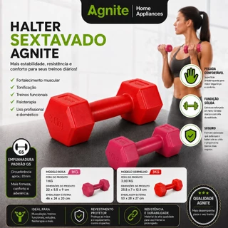 Par de Halteres Sextavados PVC Deli Agnite 1kg 2kg ou 3kg para Fitness e Musculação