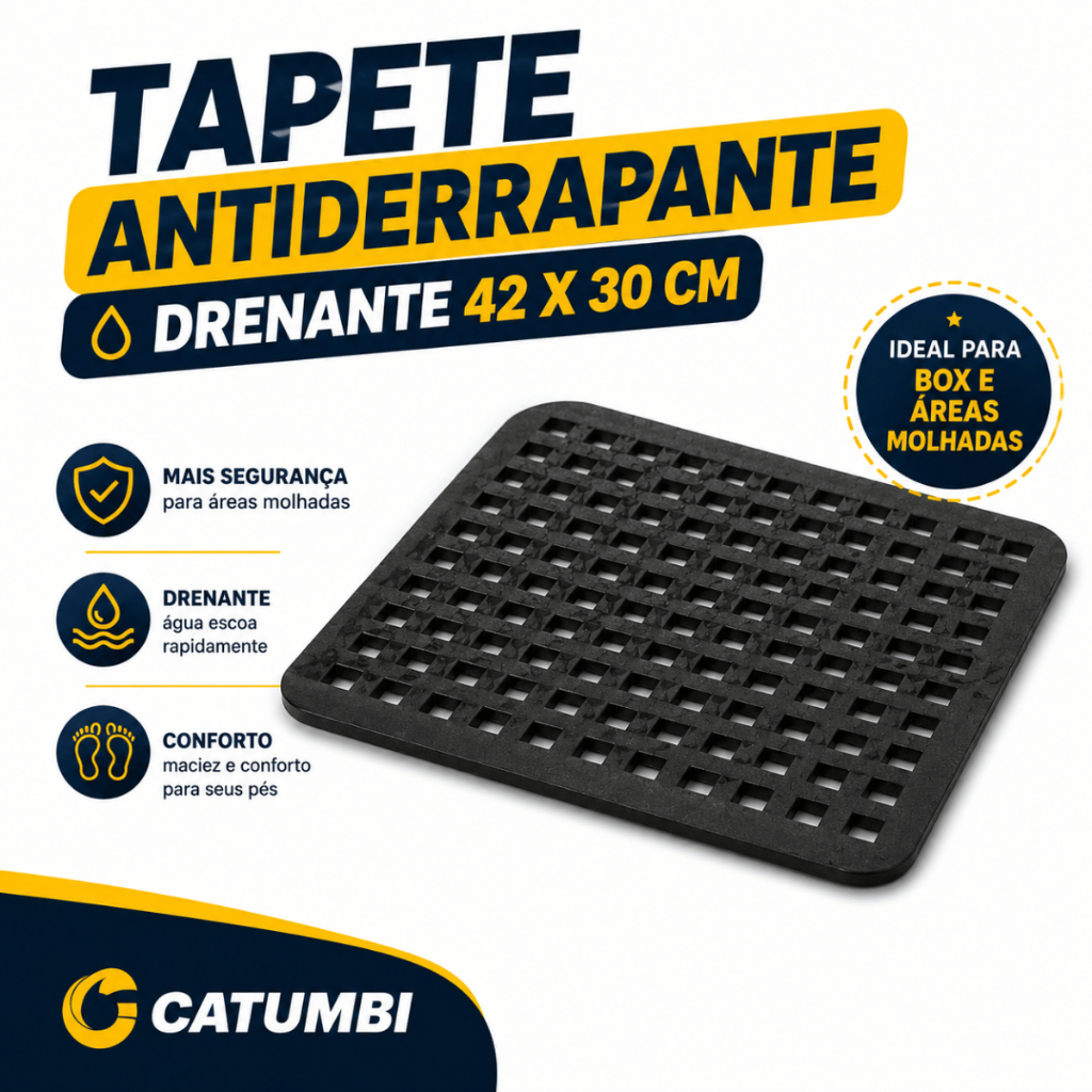 Tapete Antiderrapante para Box Banheiro Borracha Drenante Preto 42x30 Catumbi 1 ou 2 Unidades