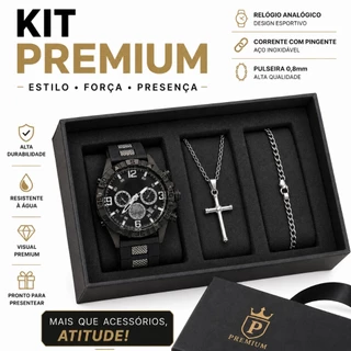 Kit Relógio Masculino + Corrente Cruz Banhado a Ouro + Pulseira Luxo