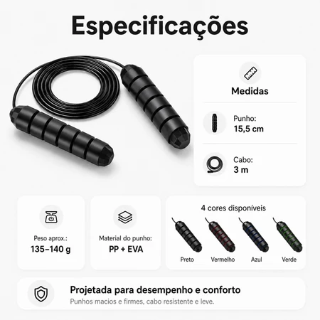 Corda de Pular Profissional 3m Cabo de Aço Ajustável com Rolamento 360° para Academia e Treino Funcional